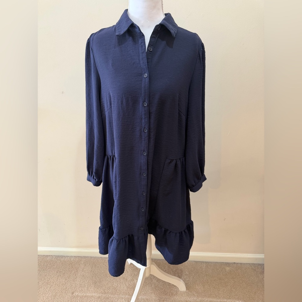 Women's Tahari Long Sleeve Midi Navy Dress with Buttons and Collar Size 8
